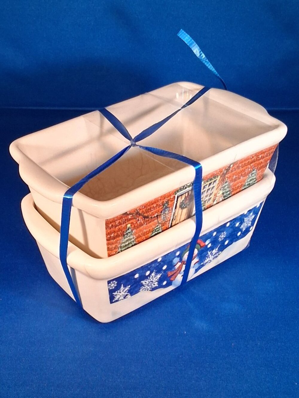 Century Ceramic Loaf Pan Baking Dishes Set of 2 • Christmas Snowman Winter Cabin - Picture 2 of 7